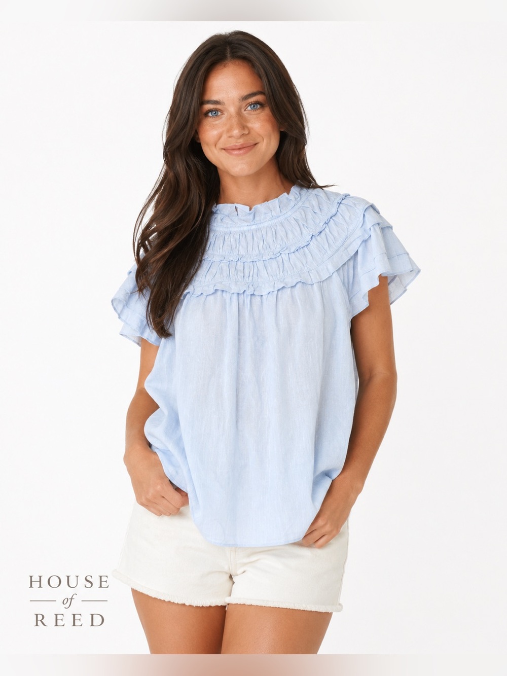 Willa Story Blue Ruffle Neck Flutter Sleeve Linen Blend Blouse M‎ Made in USA